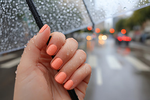 Close-up of a female hand holding an umbrella during a rainy day in the city, a Photo by AlyaAnd
