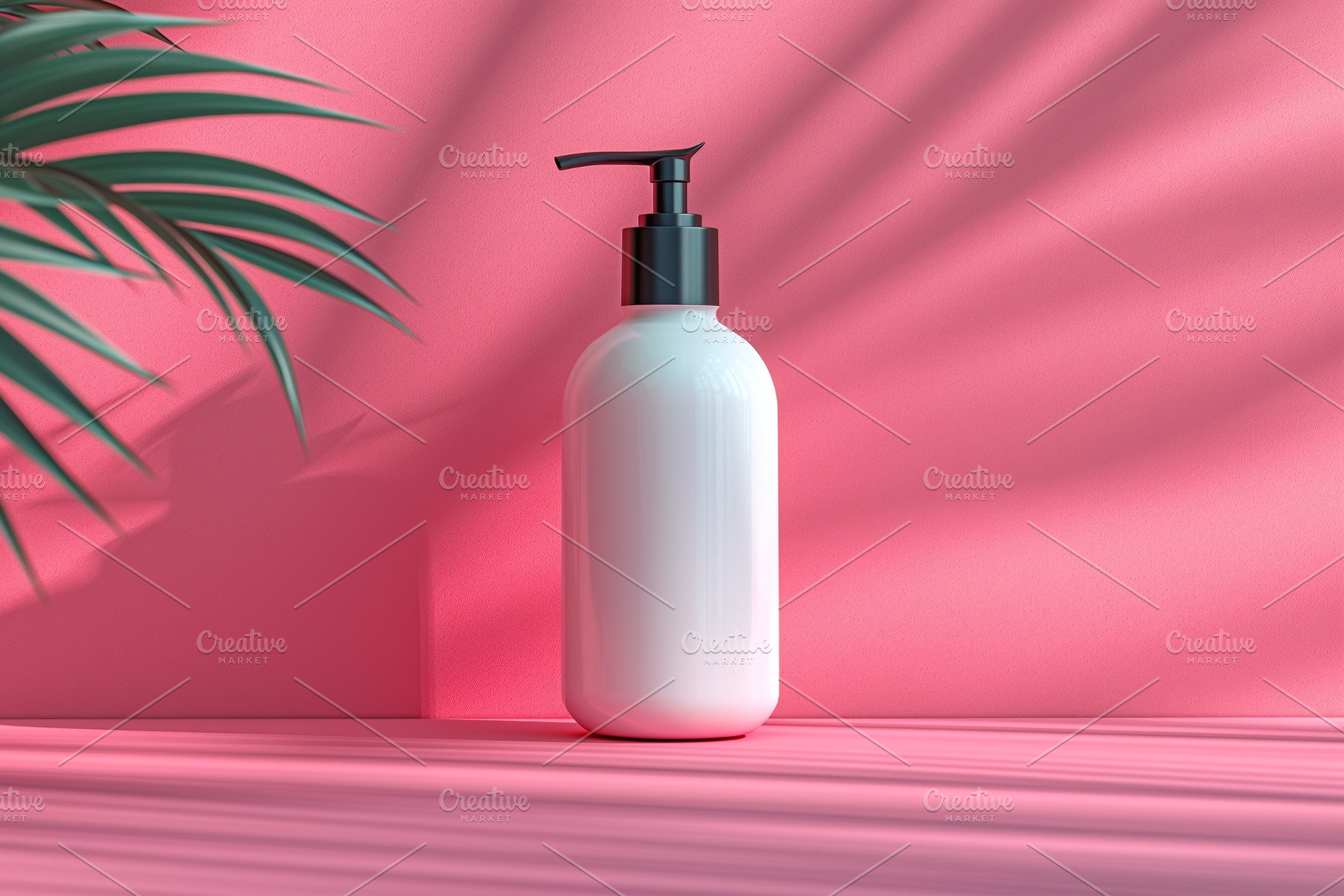 A sleek white bottle with a black pump sits on a vibrant pink surface, enhanced, a Background Photo by ImageMir