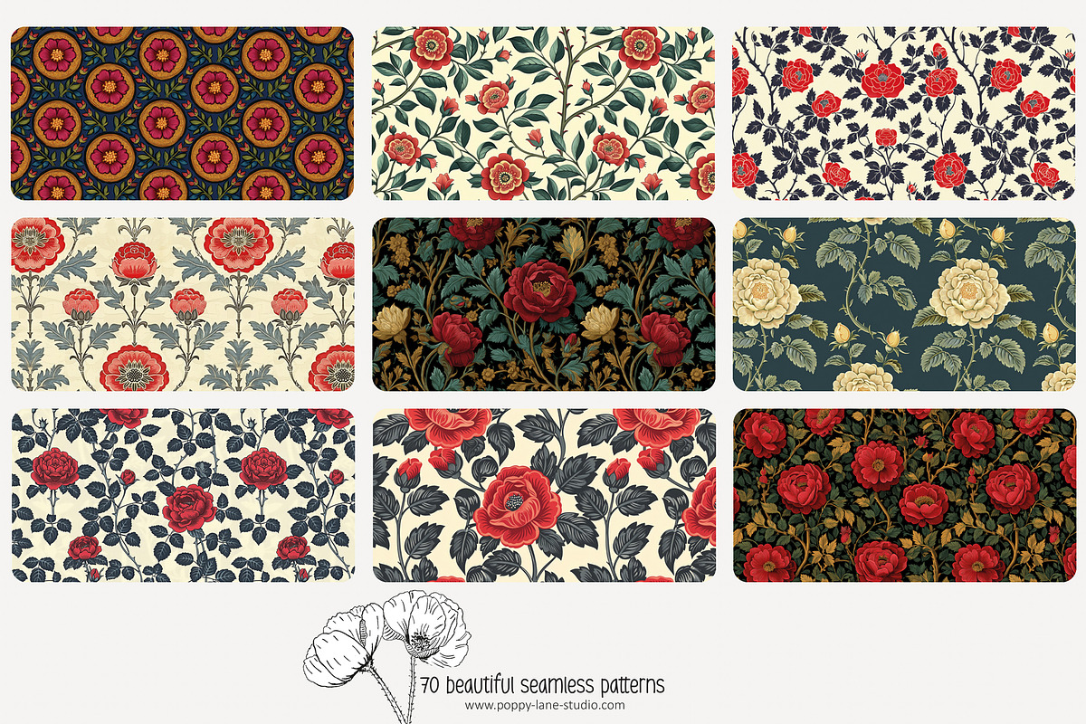 70 medieval rose seamless pattern, a Pattern Graphic by Poppy Lane Studio