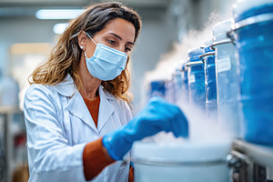Laboratory technician examining glass vials, a Health & Medical Photo by AlyaAnd