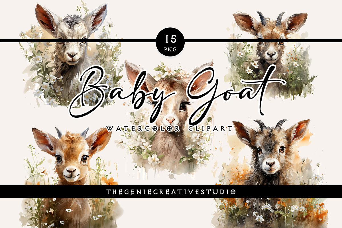 Watercolor PNG  Baby Goat Clipart, an Animal Illustration by Geniecreativestudio (Photo 1 of 9)