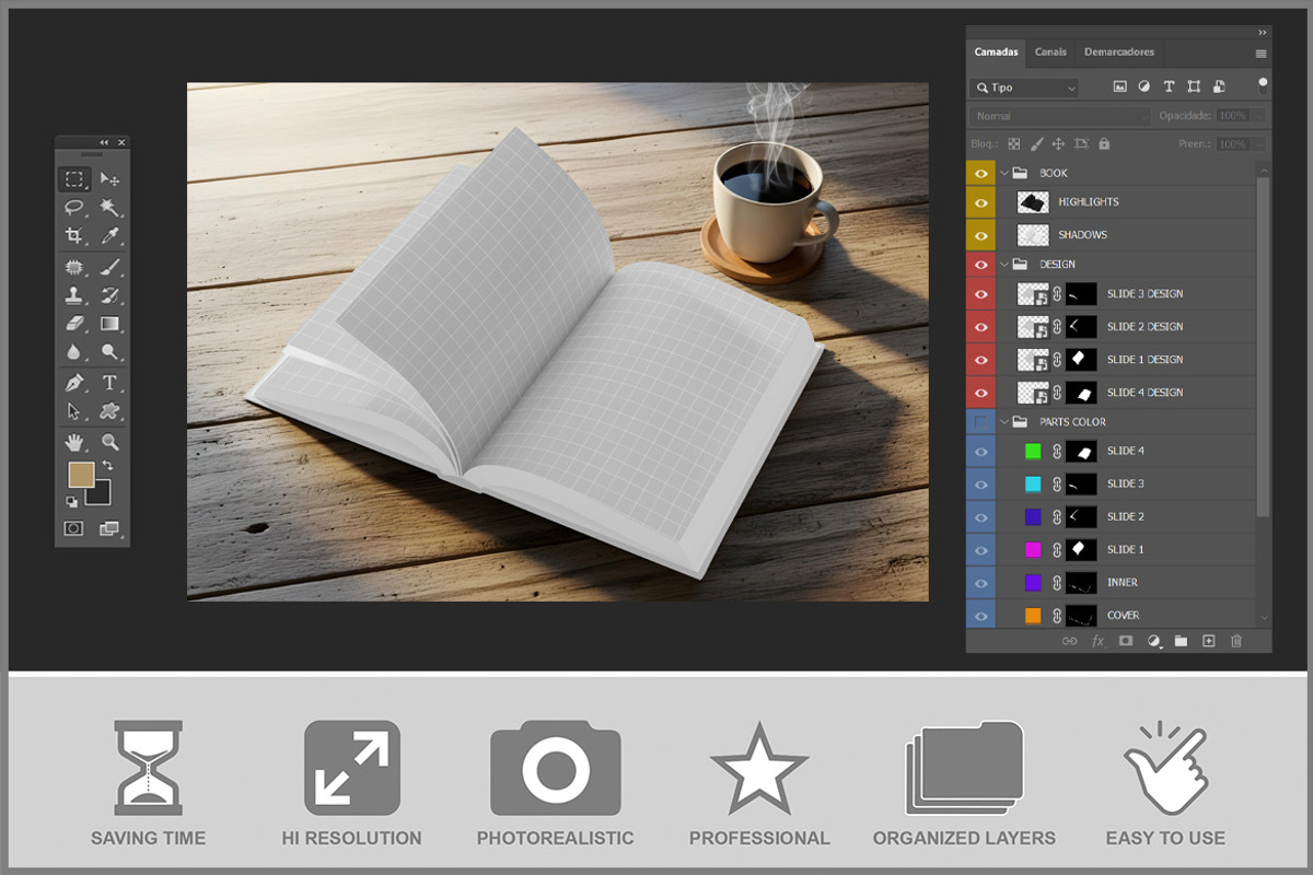 Open Book Mockup On Wooden Table PSD, a Product Mockup by Bruno's Shop (Photo 3 of 4)