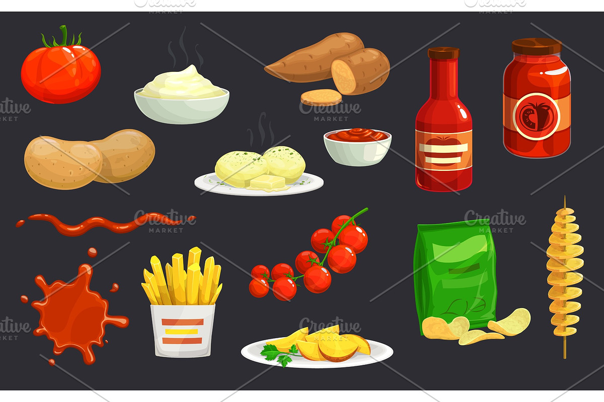 Potato chips, french fries, ketchup, a Food Illustration by Vector Tradition