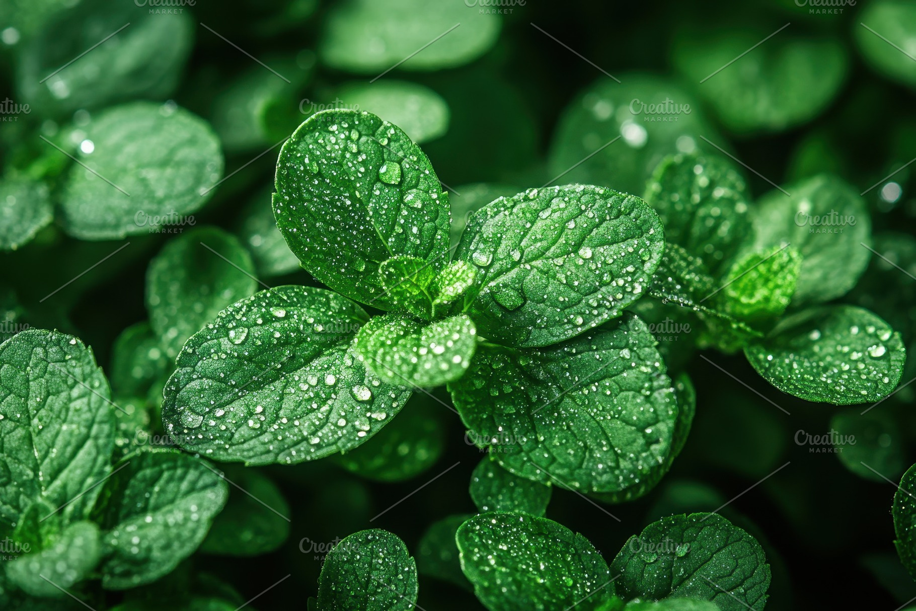 Fresh mint leaves glistening with wa, a Photo by Tanuart