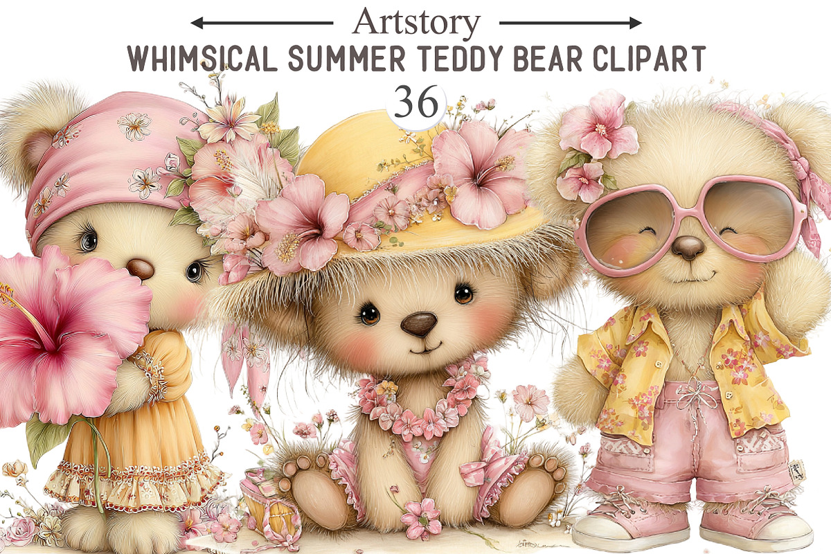 Whimsical Summer Teddy Bear Clipart, an Illustration by designcity5 (Photo 1 of 5)