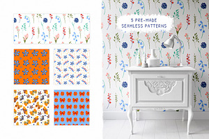 Spring Illustrations, Patterns Set