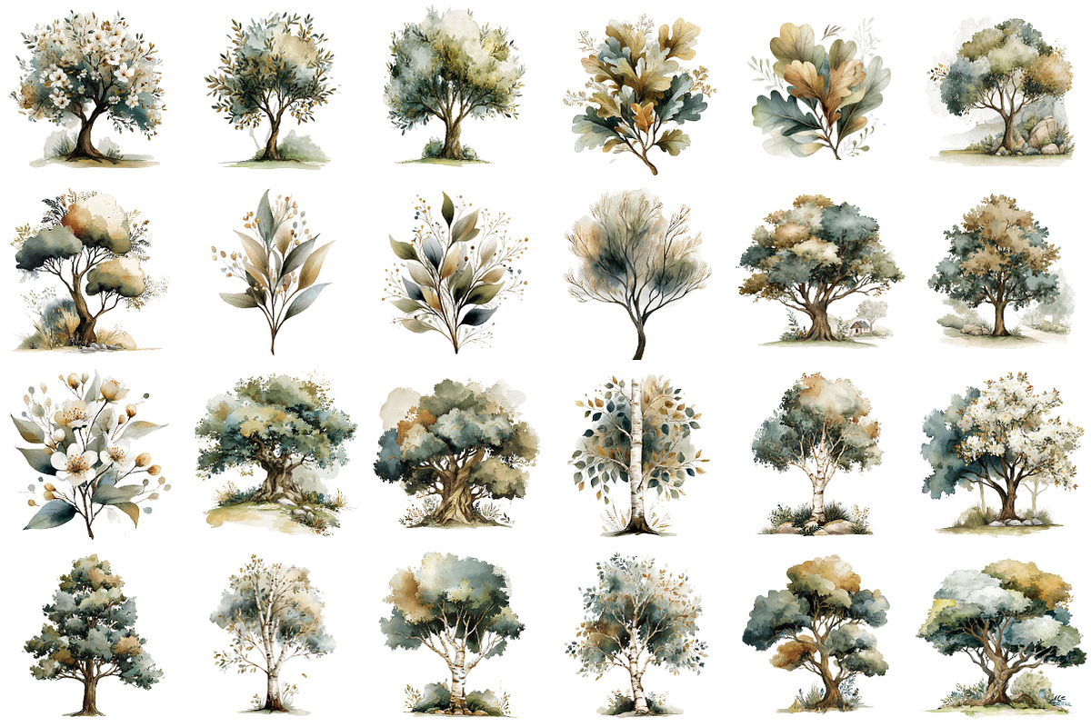 Neutral watercolor tree clipart set, an Object Illustration by DreamCafeArt (Photo 3 of 6)