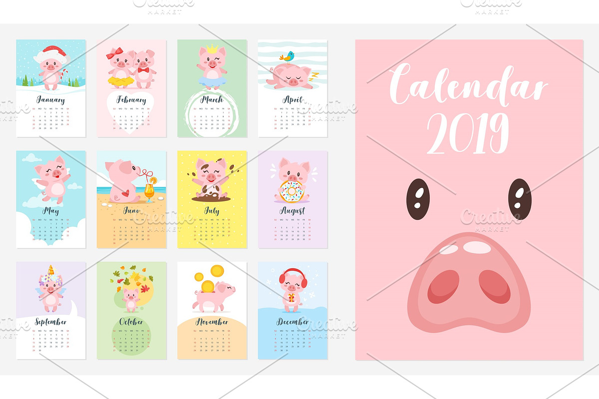 2019 pig year monthly calendar, an Object Graphic by Cartoon time!