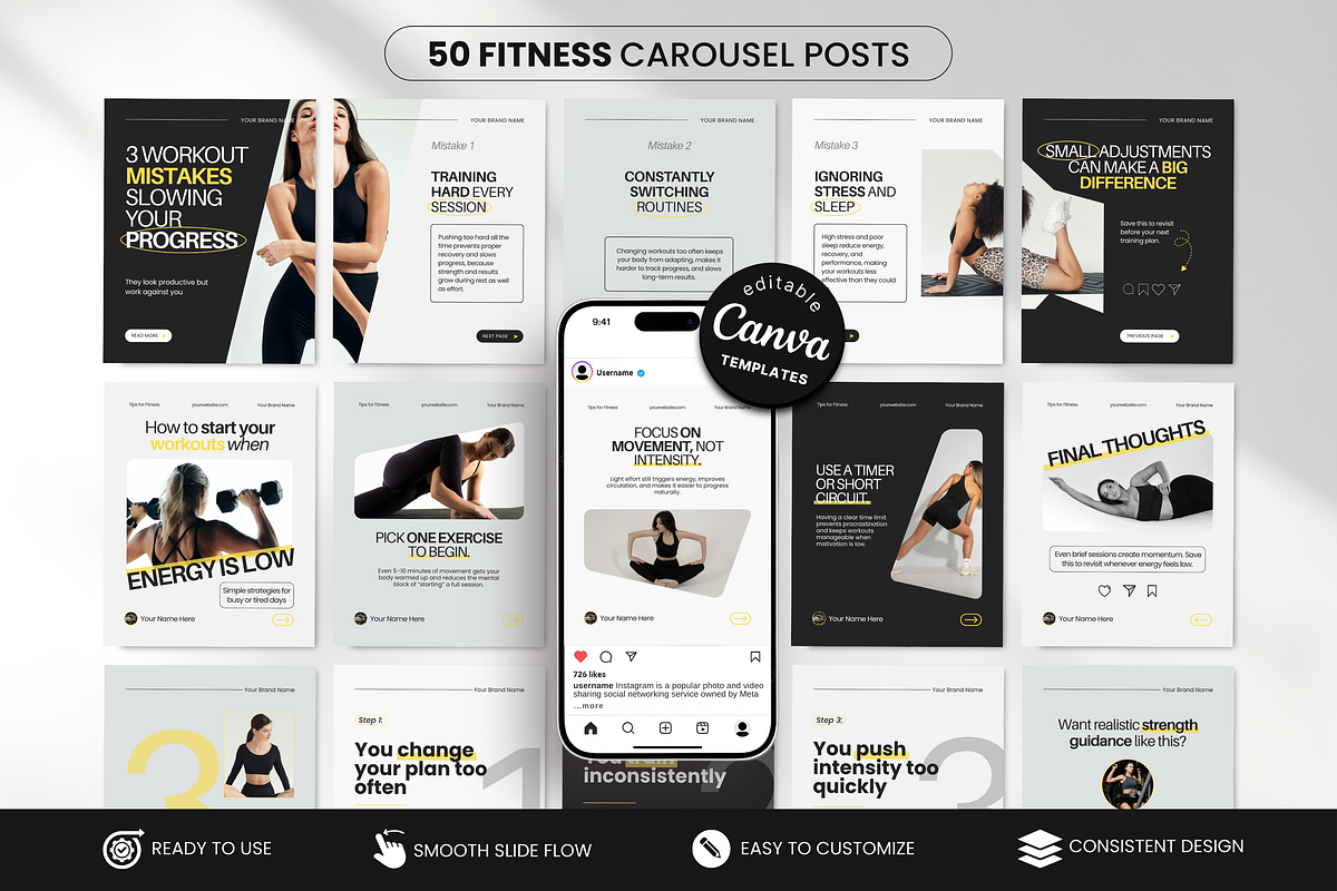 Fitness Carousel Instagram Posts, a Social Media Template by DigiPax (Photo 1 of 10)