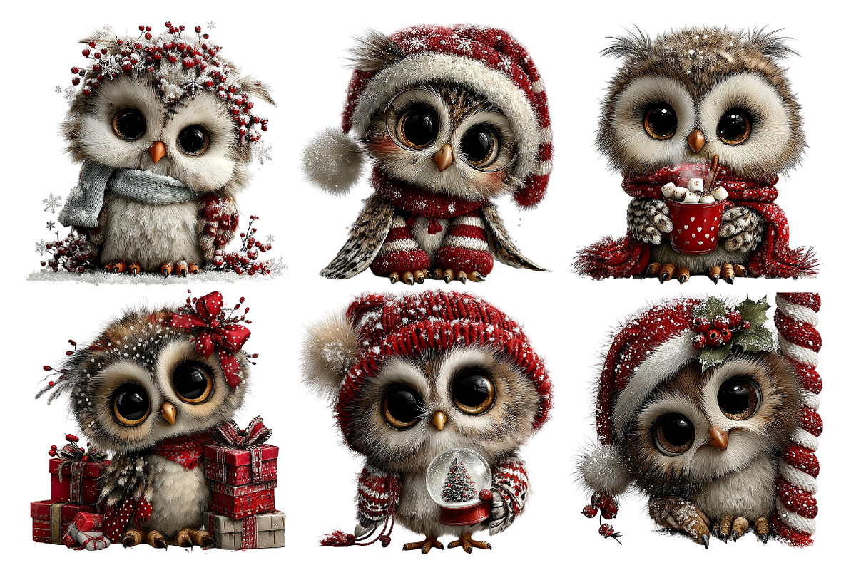 Whimsical Christmas Owl Clipart, an Animal Illustration by Creative Art (Photo 4 of 6)