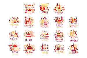 Maldives, Malaysia, Indonesia, Vietnam, China, Israel, India, Nepal, Filipinos Set Of Colorful Promo Signs. Summer Travel Hand Drawn Vector Illustrati