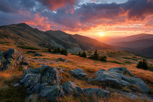 Sunset view over mountain landscape, a Photo by Beautiful things