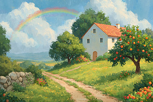 Idyllic countryside farmhouse with orange tree, blooming garden,, a Decorative Illustration by Studio ANNA