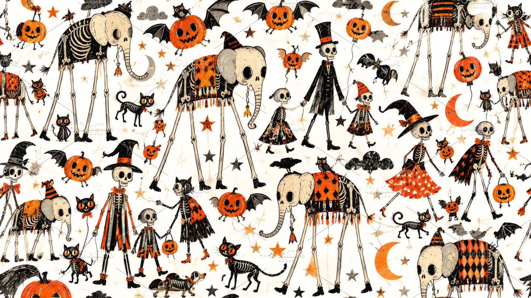 Whimsical Halloween pattern with skeleton elephants, dressed ske, an Arts & Entertainment Photo by Imaginarium
