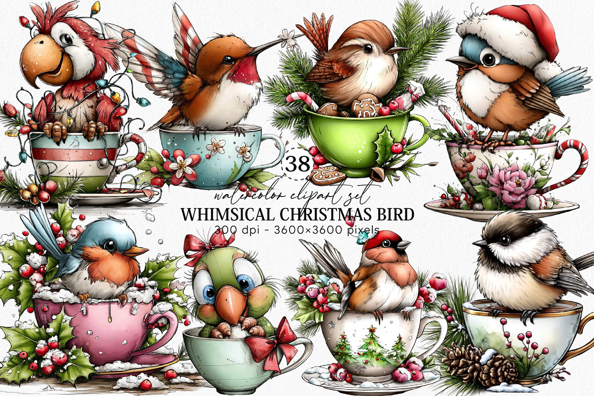 Whimsical Christmas Bird Clipart, an Illustration by Canvas Craft (Photo 1 of 6)
