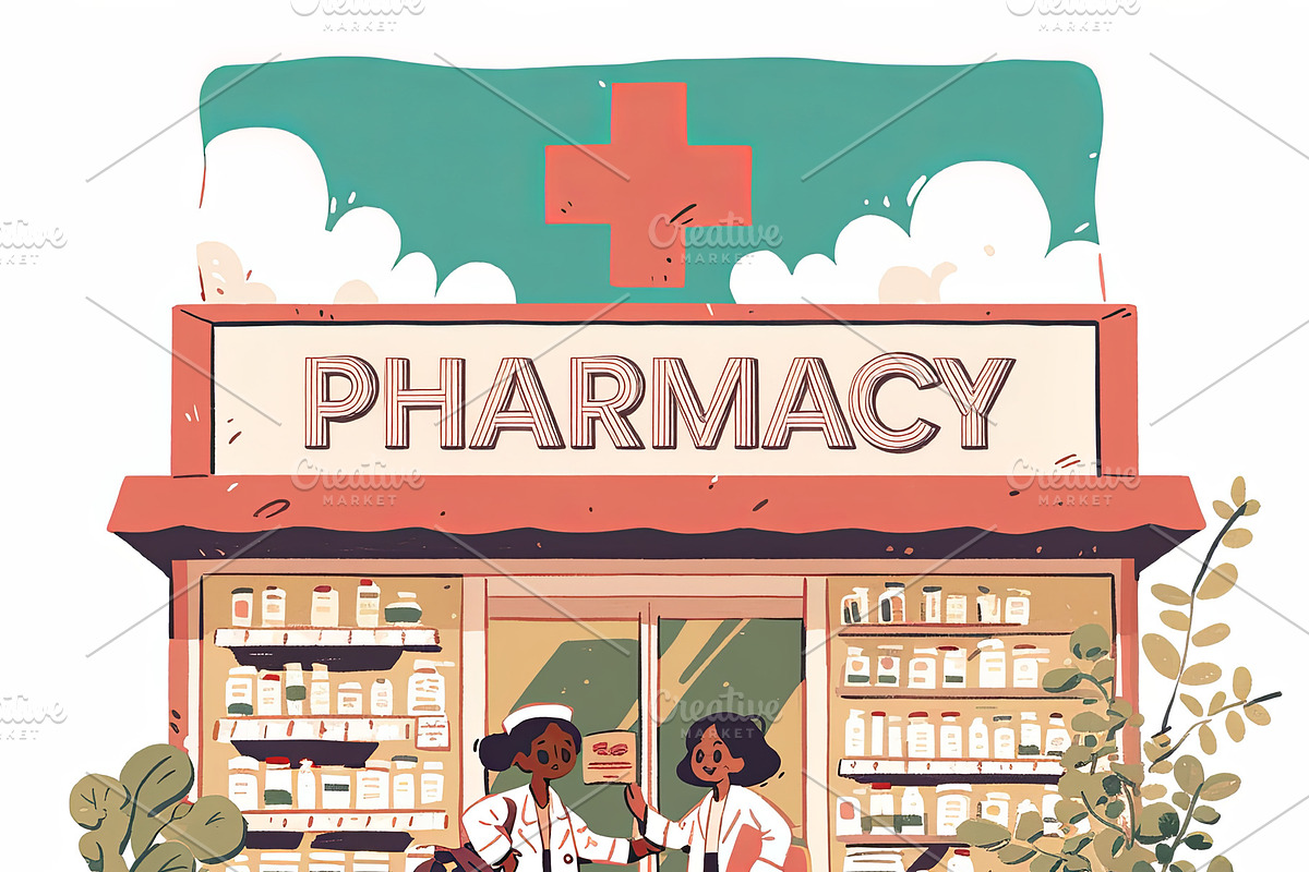 Illustration of two pharmacists standing outside a pharmacy with medical suppli, an Illustration by AS photostudio