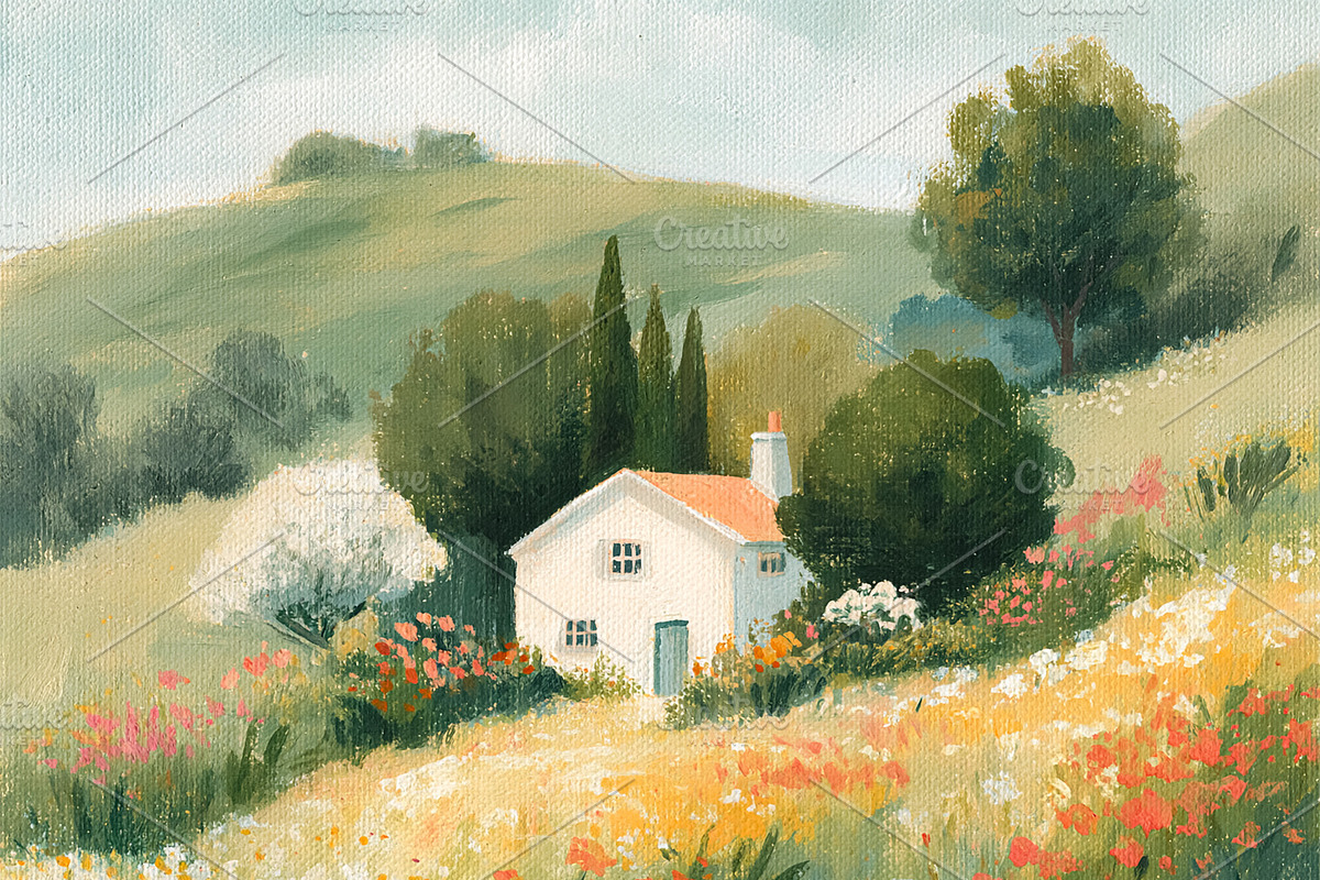 Cottage nestled in a vibrant wildflower meadow, a scenic landsca, a Decorative Illustration by Studio ANNA