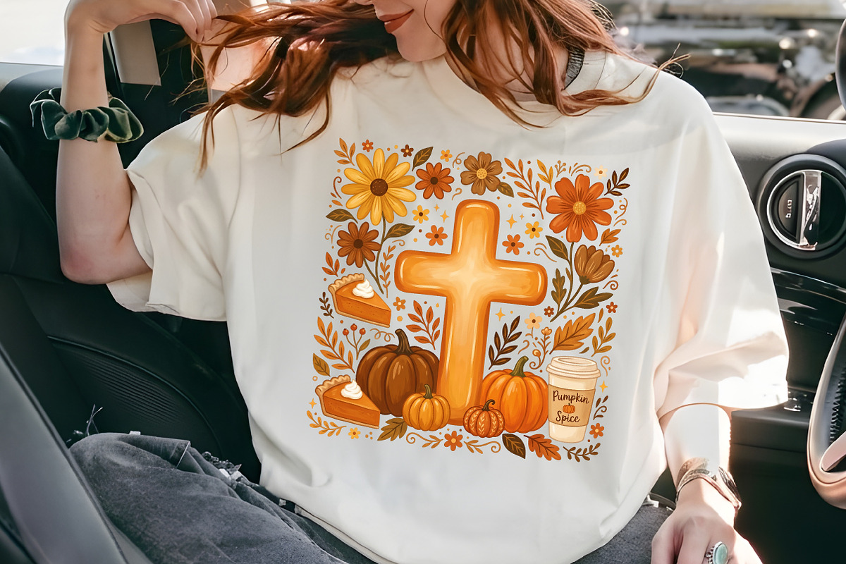 Fall Christian Cross Sublimation PNG, a Seasonal Illustration by Rose Art