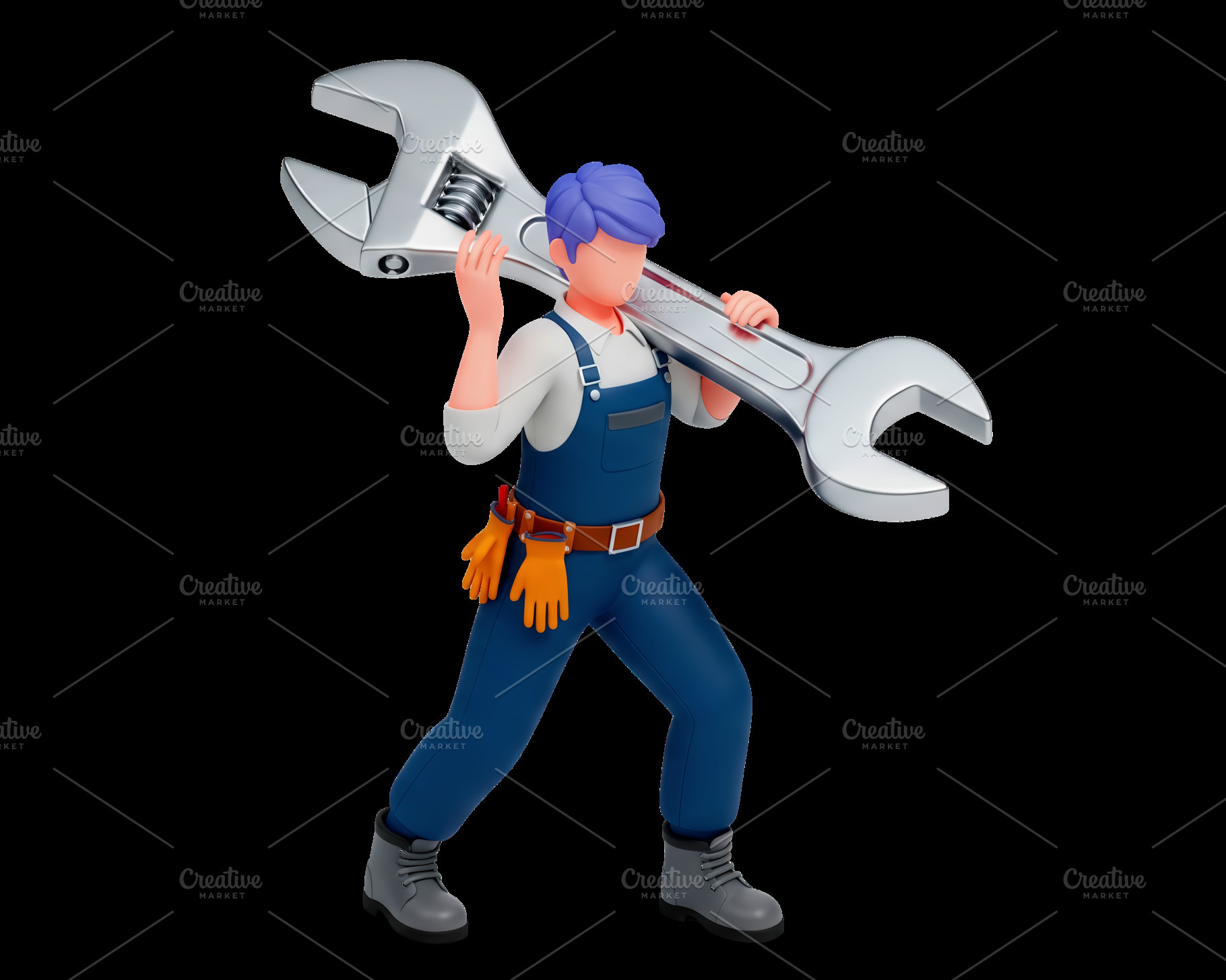 Mechanic with Giant Wrench. 3D Illus, a Person Photo by angellodeco