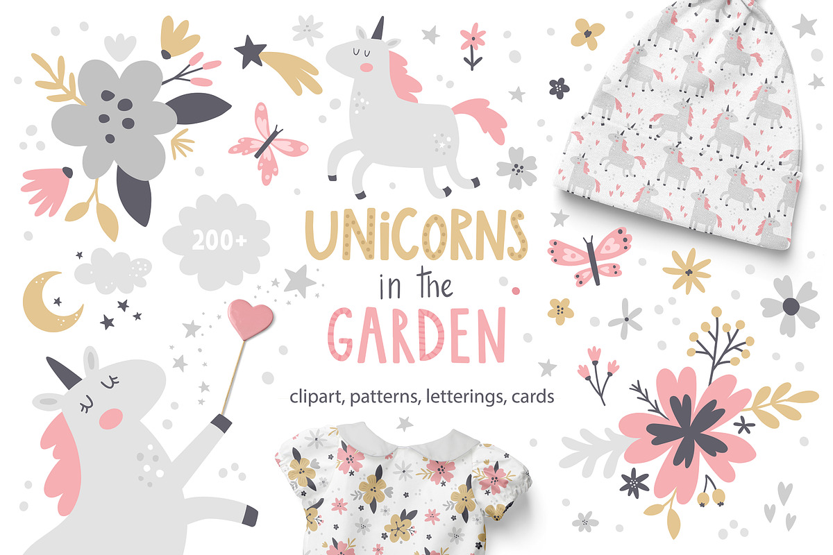 Unicorns in the garden kids clipart, a Decorative Illustration by Leysan Shayak (Photo 1 of 14)