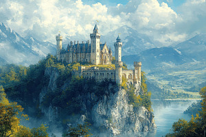 Majestic castle perched on a rocky c, a Photo by Tanuart