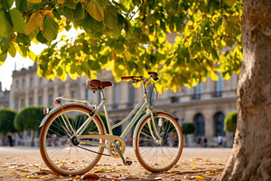 City bike stands near a tree in the city, a Transportation Photo by AlyaAnd