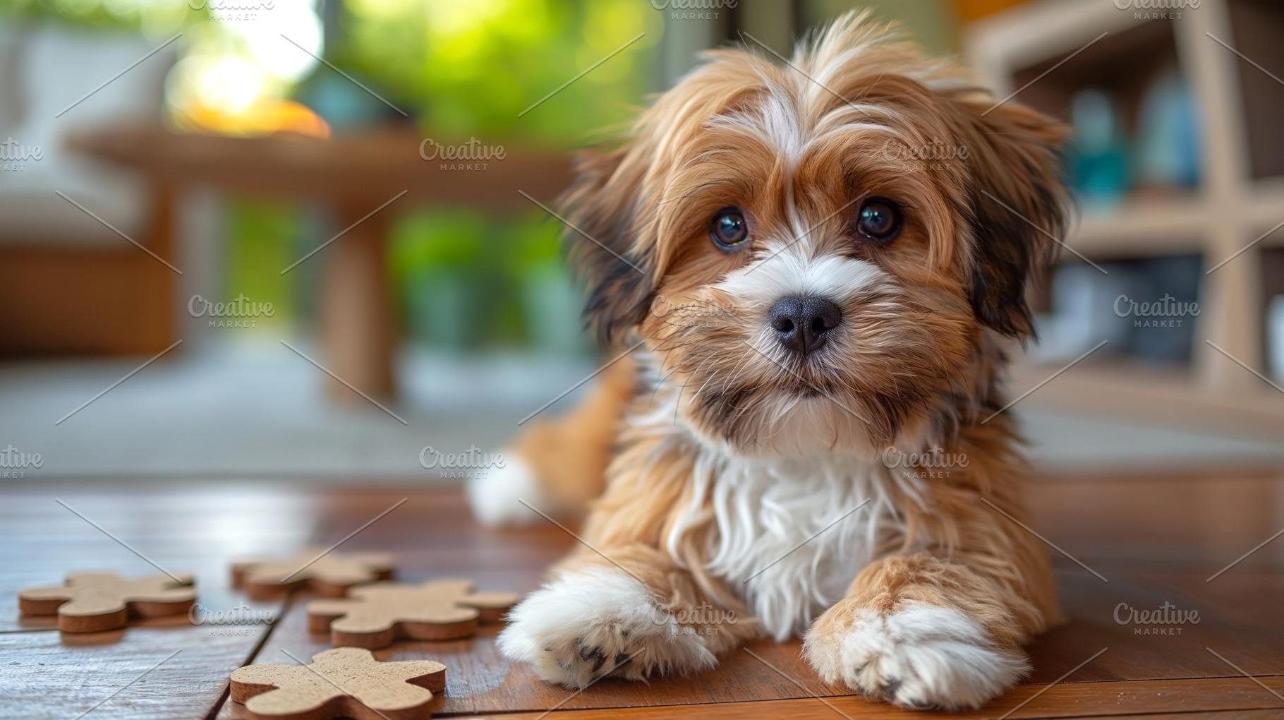 Adorable small dog with fluffy fur lounging on wooden floor, surrounded by play, an Animal Photo by ImageMir