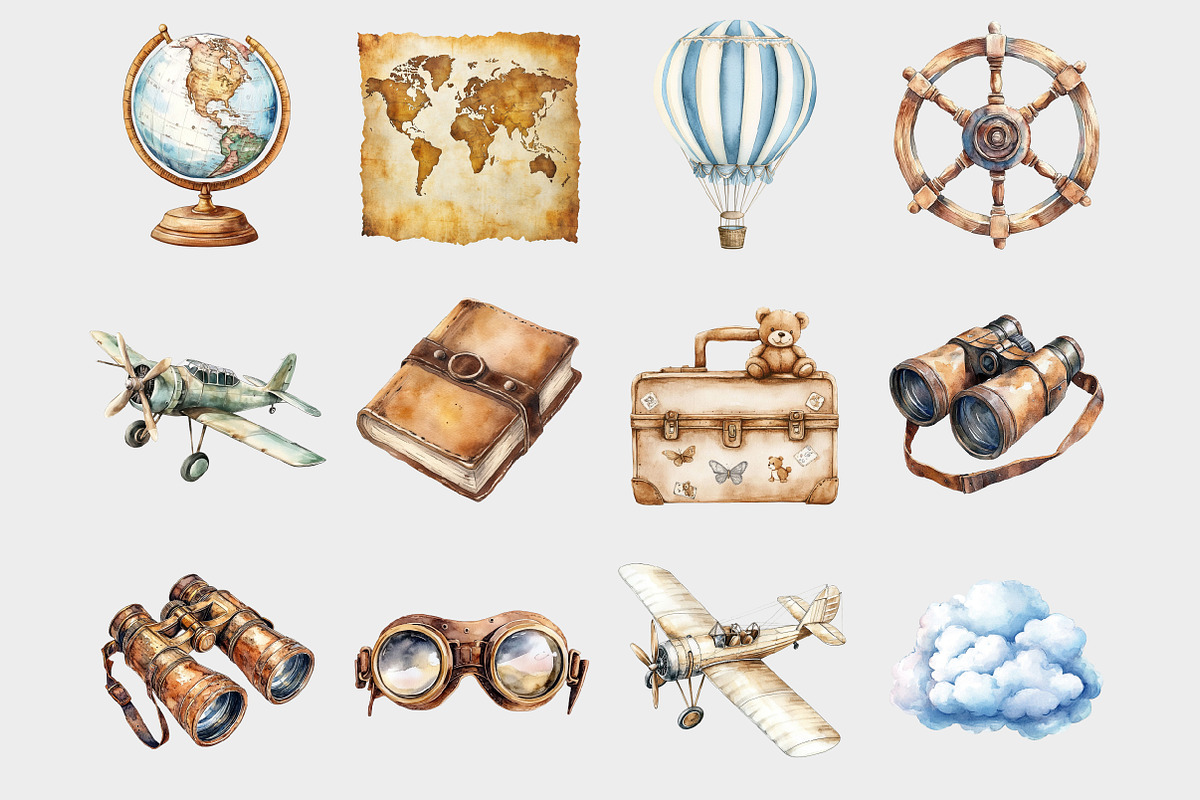 Watercolor Vintage Travel Clipart, a Seasonal Illustration by Design Market (Photo 3 of 5)