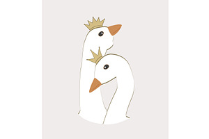 Goose Hugs couple in golden crowns, an Animal Illustration by Toltemara
