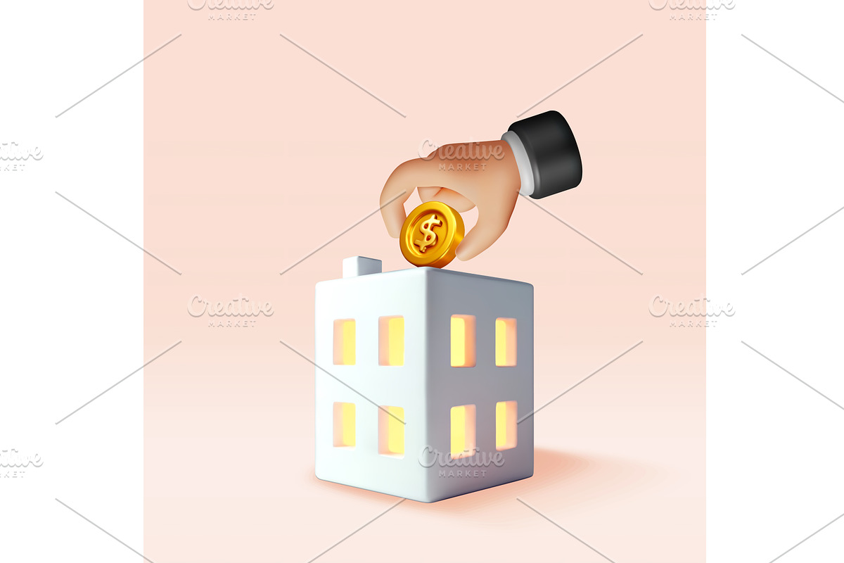 3D apartment house and golden coin, a Finance Illustration by Abscent