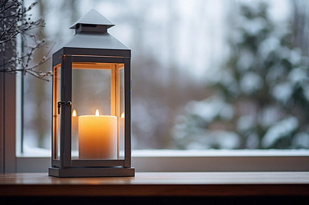 Lantern with burning candle on a windowsill, with snowy winter l, a Holiday Photo by Studio Light & Shade