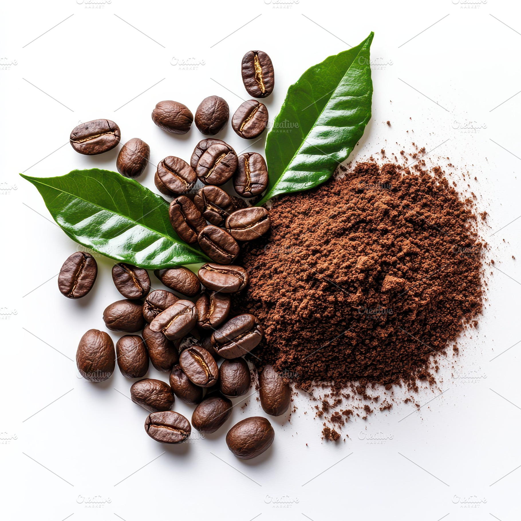 Coffee beans ground coffee leaves ar, a Food & Drink Photo by Pixeness Studio