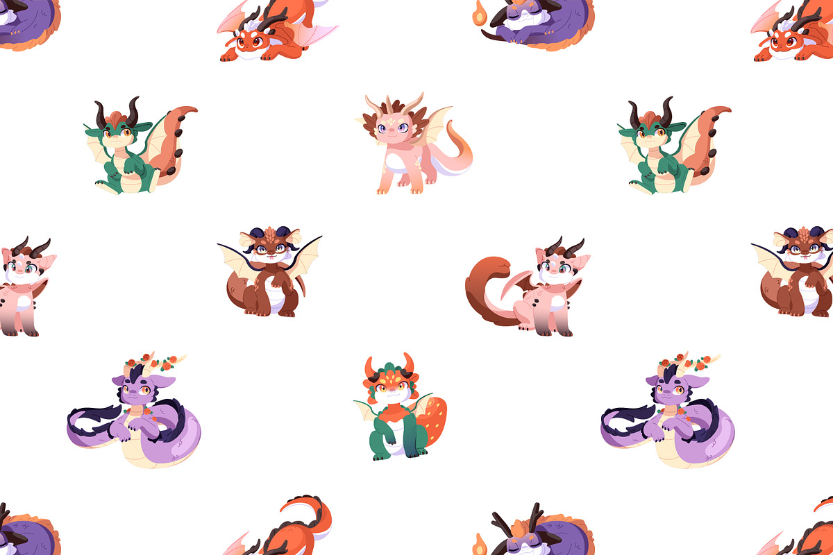 Cute baby dragons set + patterns, an Animal Illustration by PaperTrident (Photo 12 of 13)