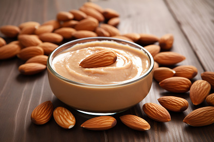 Bowl of almond butter on wooden background, a Food & Drink Photo by AlyaAnd
