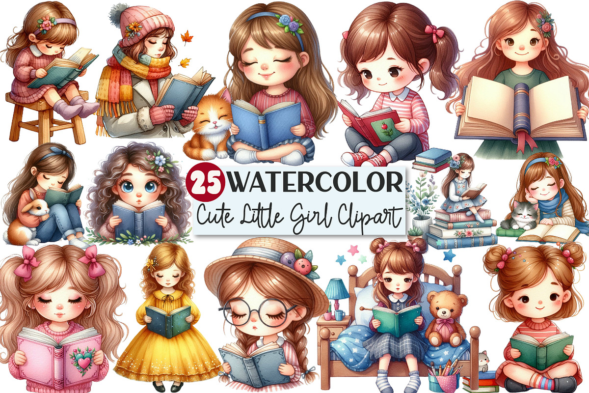 Cute Little Girl Reading Clipart, an Illustration by Rose Art