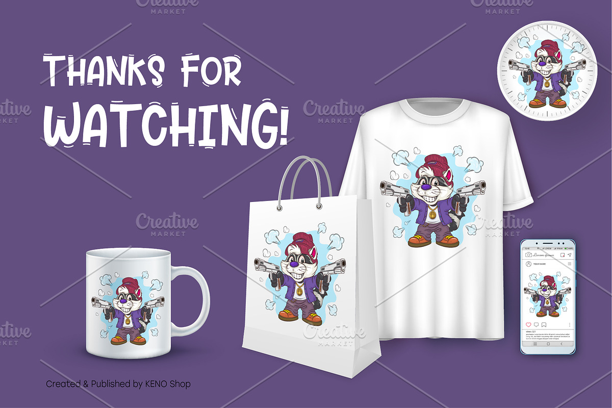 Cartoon Raccoon Gangster. T-Shirt., an Animal Illustration by KENO Mascots (Photo 3 of 3)