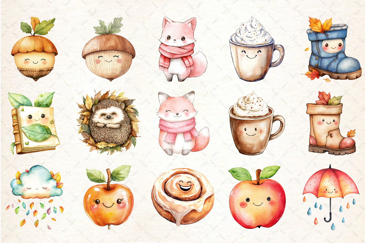 Watercolor Kawaii Autumn Clipart, an Illustration by Rose Art (Photo 2 of 7)