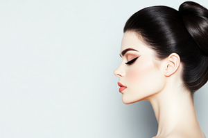 A stylish woman with sleek dark hair in a formal bun, glowing skin, and dramati, a Person Photo by Mashimara