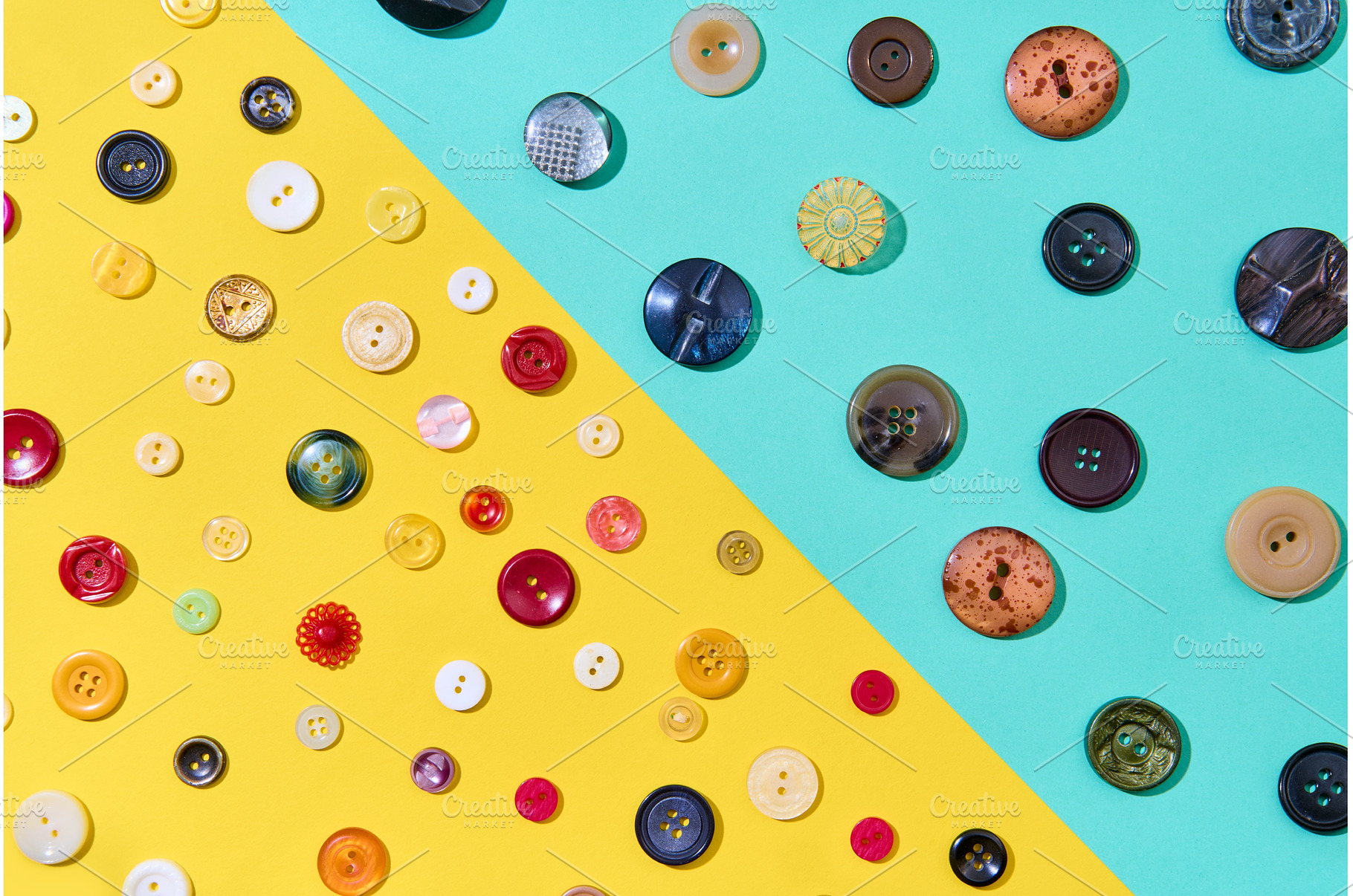 Assorted sewing buttons on yellow, a Background Photo by Gladkov photography