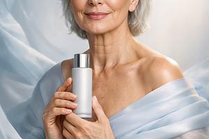 Mature woman holding a cosmetic bott, a Beauty & Fashion Photo by angellodeco