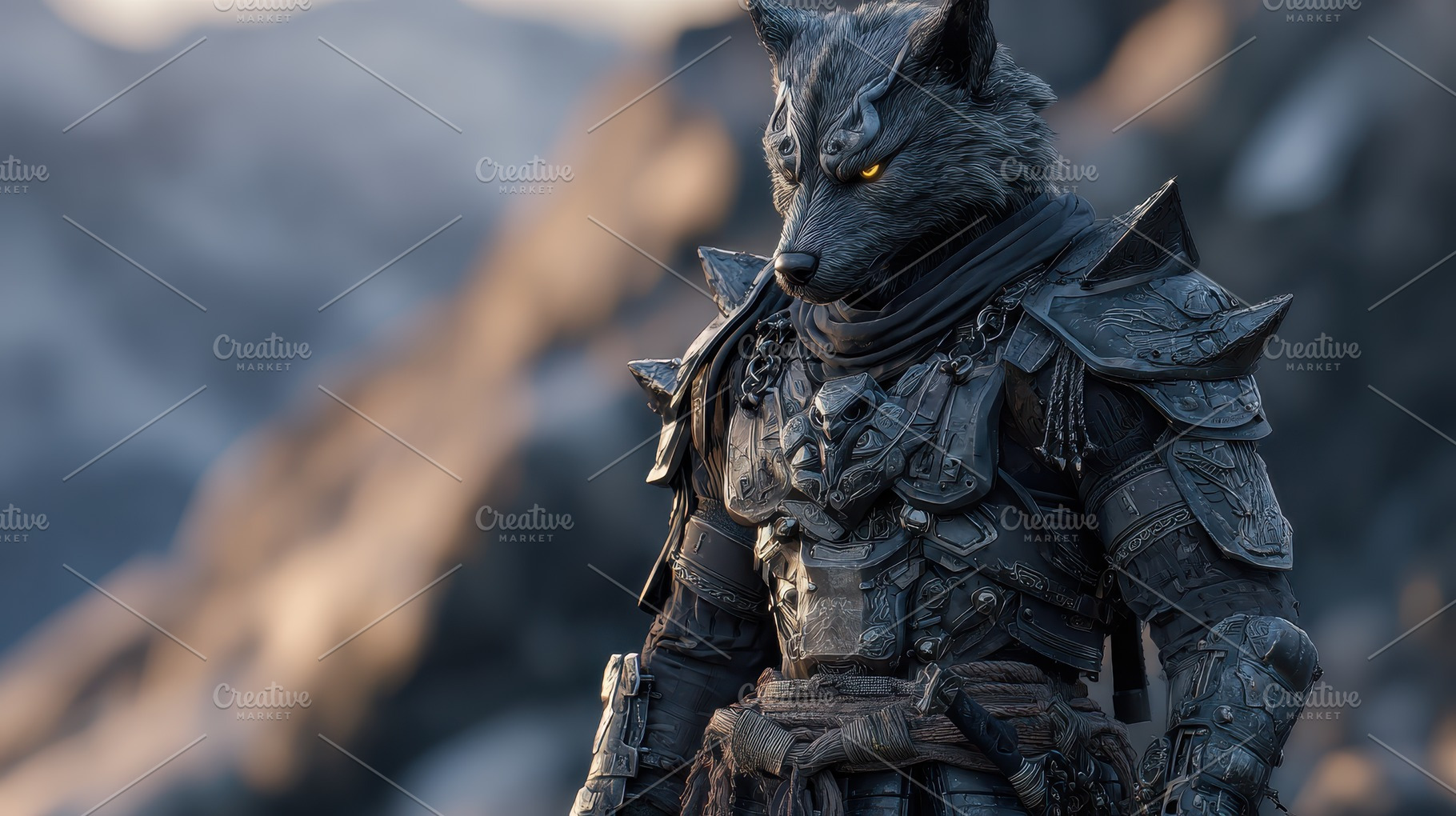 Wolf Warrior in Dark Armor Mountain, a Photo by Pixeness Studio