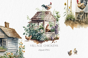 Village chickens Watercolor Clipart