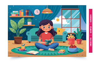 A young girl is sitting on a rug in, an Illustration by Tanuart