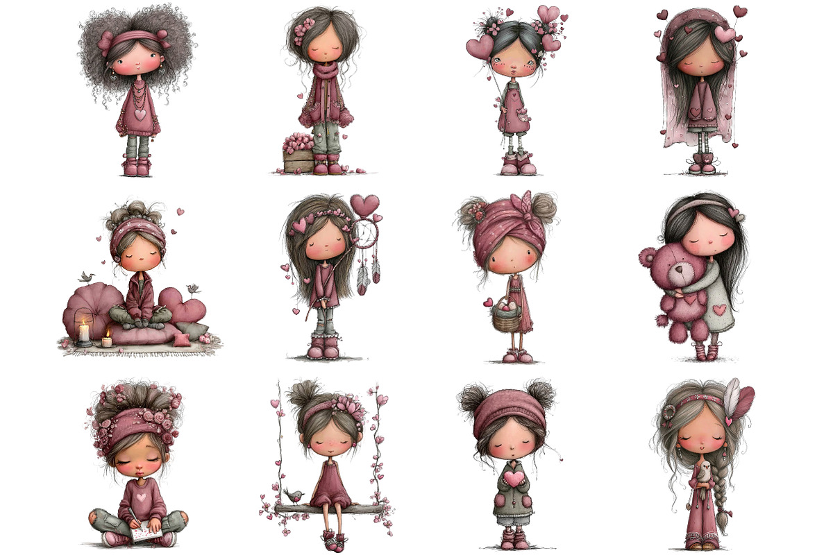 WHIMSICAL VALENTINE GIRL CLIPART, an Illustration by DreamArtGraphic (Photo 2 of 4)