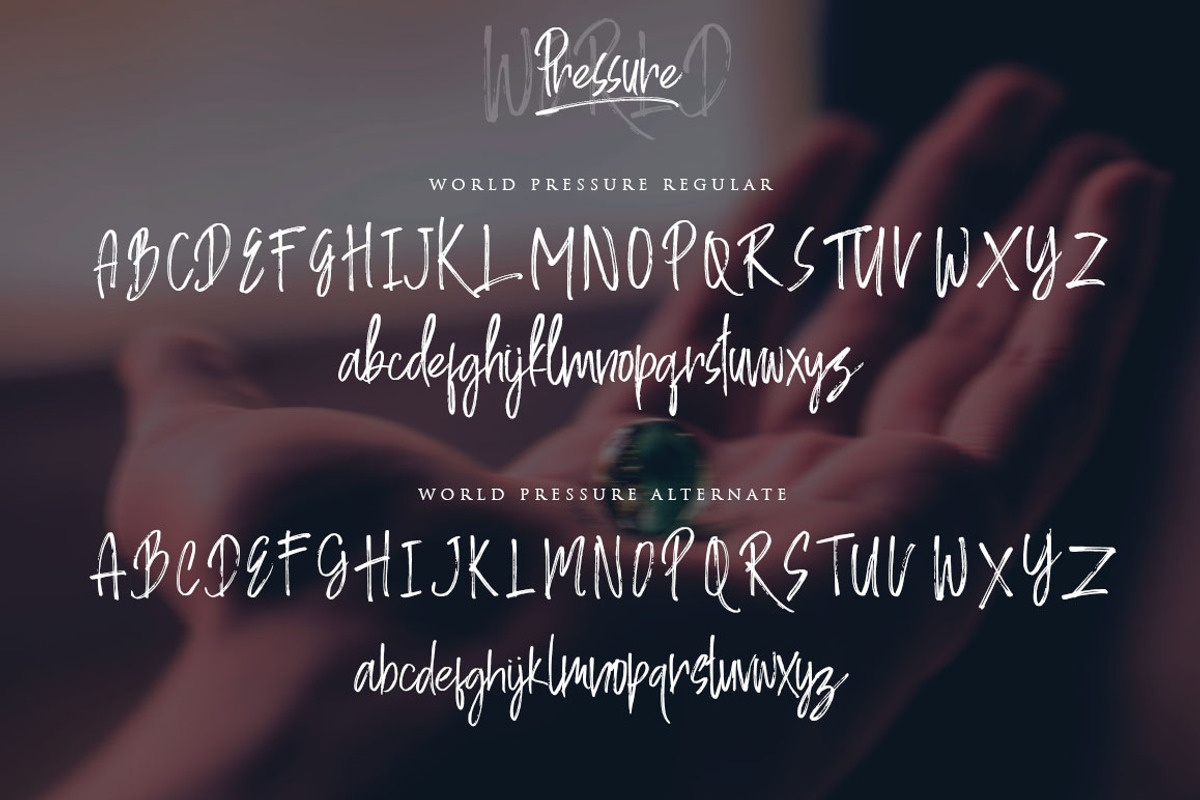 World Pressure / 4 Brush Styles, a Script Font by Haksen (Photo 5 of 8)