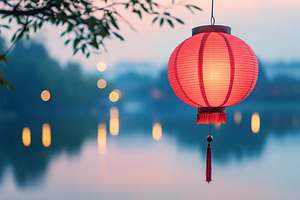 Chinese paper lantern hanging on tree branch against lake background, an Abstract Photo by AlyaAnd