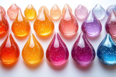 Colorful resin droplets in various s, a Photo by Tanuart