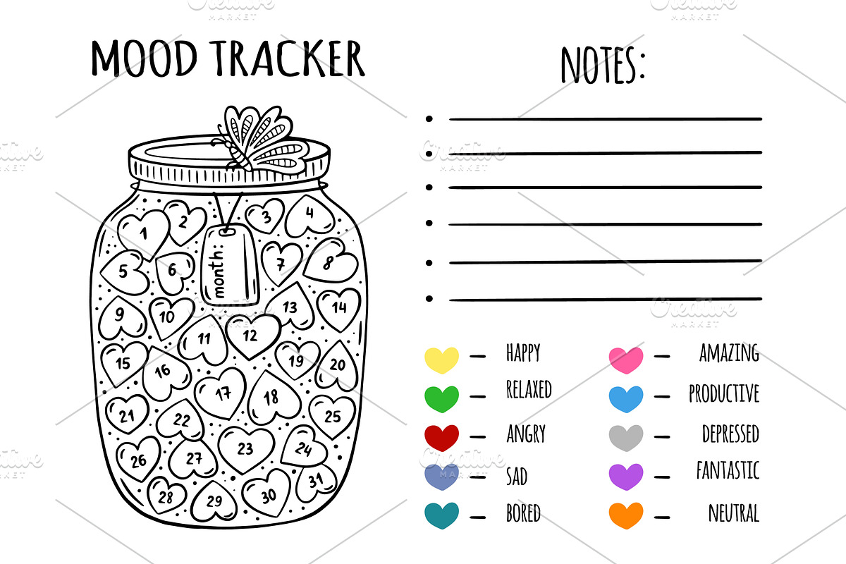 Mood tracker. Undated blank monthly, an Illustration by Valerie Bodnar