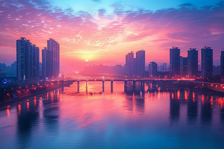 Stunning Urban Sunset: Skyscrapers and Modern Bridge Over River at Dusk, a Photo by AS photostudio