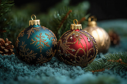 Colorful Christmas ornaments resting, a Photo by Tanuart